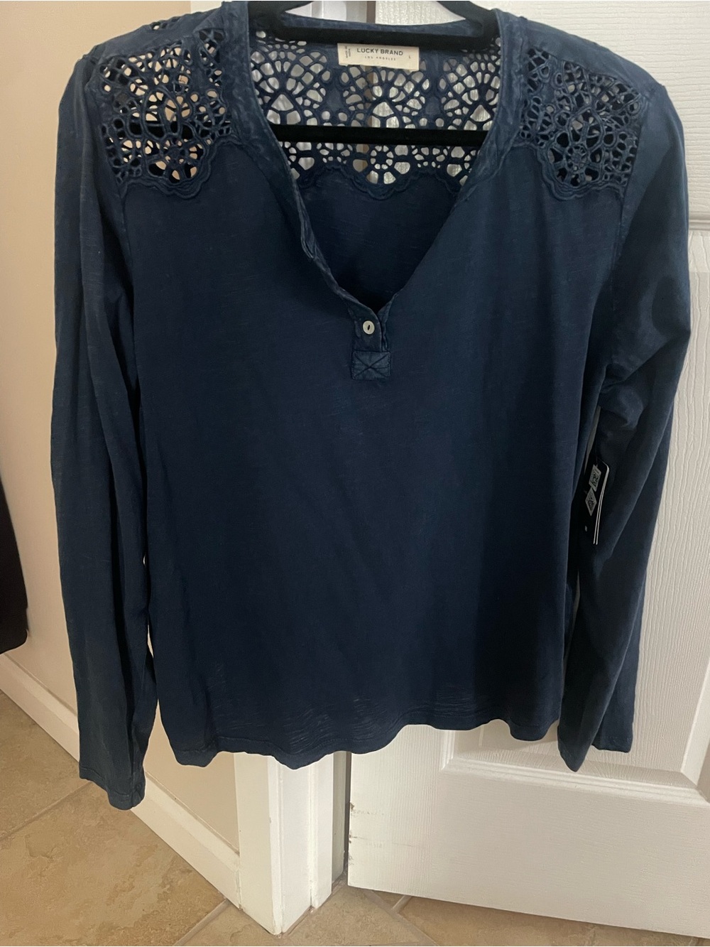 Lucky Brand Navy Blue Long Sleeve cut out  Yoke Tee